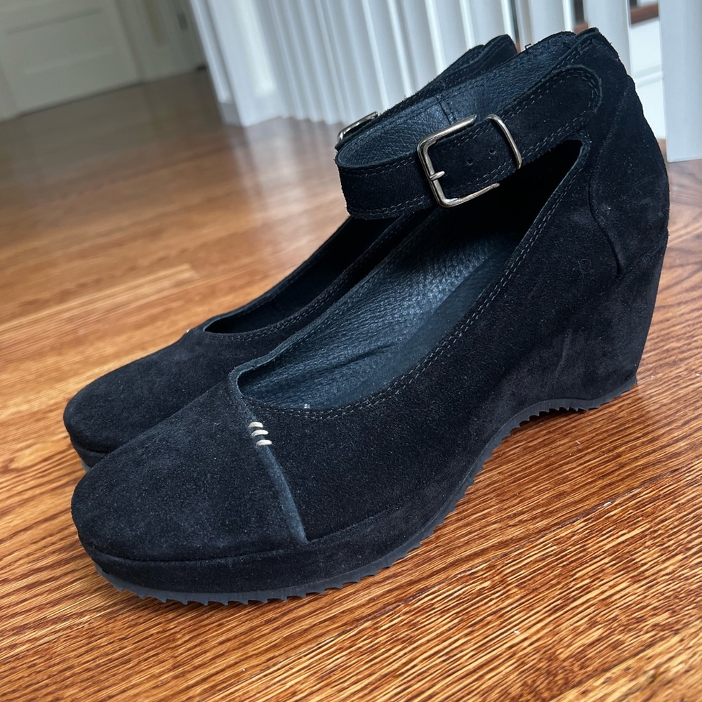 KHRIO Black Suede Leather Mary Jane Wedge Shoes‎ Feminine Date Night Classic 41